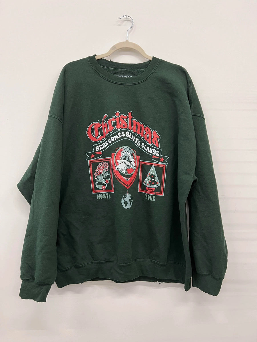 Christmas Patch Military Green Thrifted Sweatshirt- Holiday Shop