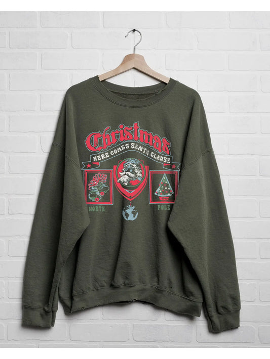 Christmas Patch Military Green Thrifted Sweatshirt- Holiday Shop